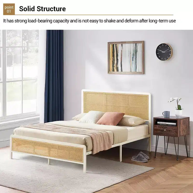 Struttura letto a piattaforma in rattan con testiera a LED – Stile Boho, supporto a doghe in acciaio