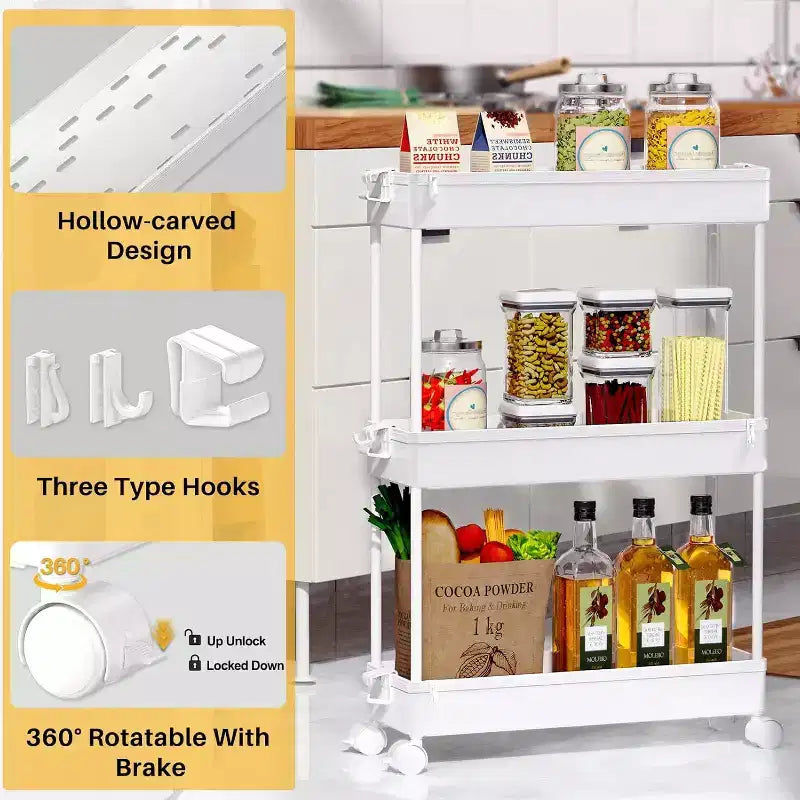 Carrello sottile a 3 ripiani con rotelle – Organizer mobile multifunzione per bagno e cucina