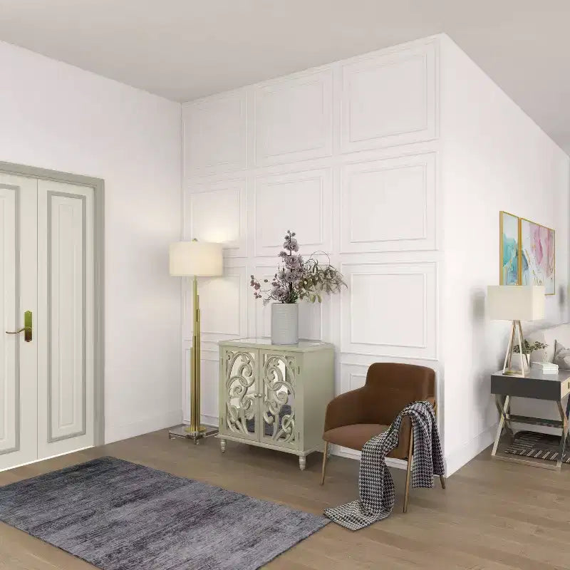 Mobiletto in legno a specchio e a fantasia Glam – Beige con dettagli dorati