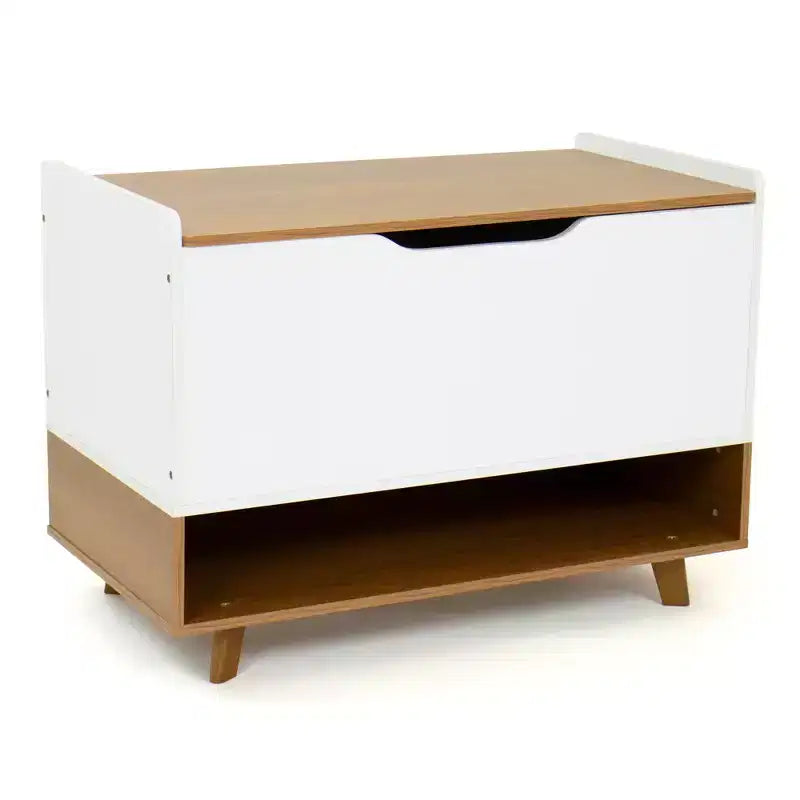 Cassapanca portagiochi per bambini con chiusura rallentata e ripiano – bianco e legno – immagine 1