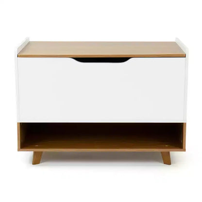 Cofanetto portagiochi per bambini con coperchio ammortizzato e ripiano portaoggetti – Mid-Century Modern, Legno e Bianco