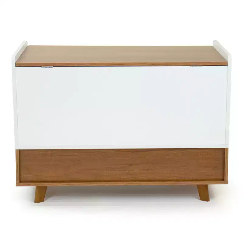 Cofanetto portagiochi per bambini con coperchio ammortizzato e ripiano portaoggetti – Mid-Century Modern, Legno e Bianco