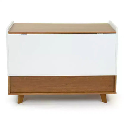 Cofanetto portagiochi per bambini con coperchio ammortizzato e ripiano portaoggetti – Mid-Century Modern, Legno e Bianco