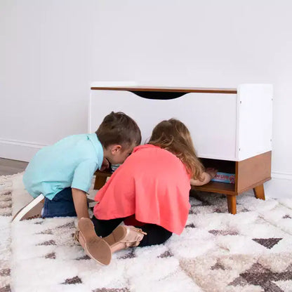 Cofanetto portagiochi per bambini con coperchio ammortizzato e ripiano portaoggetti – Mid-Century Modern, Legno e Bianco