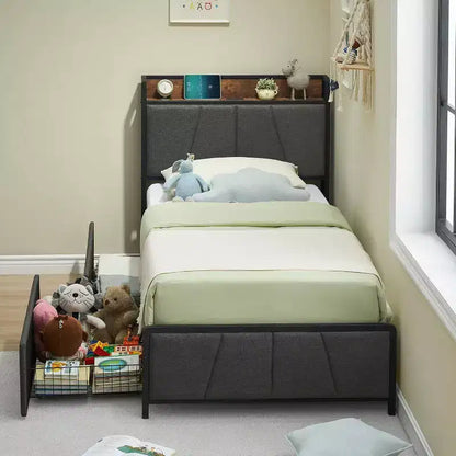 Twin Bed Frame with Linen Upholstered, 2 Storage Drawers & Storage Headboard & Charging Station, Noise Free, 800lbs