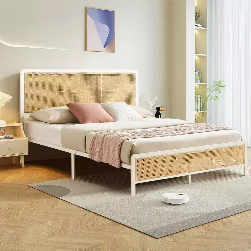 Rattan Platform Bed Frame with Led Light Headboard, Boho Bed Frames with Sturdy Steel Slat Support