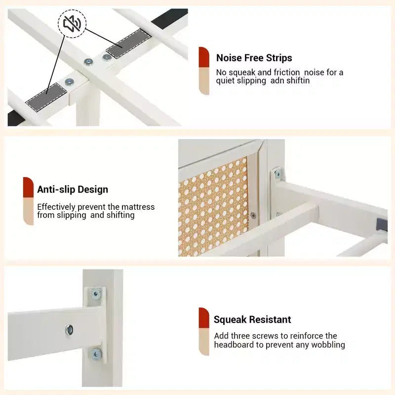 Struttura letto a piattaforma in rattan con testiera a LED – Stile Boho, supporto a doghe in acciaio