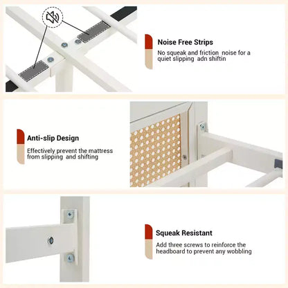 Struttura letto a piattaforma in rattan con testiera a LED – Stile Boho, supporto a doghe in acciaio