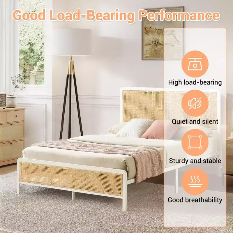 Struttura letto a piattaforma in rattan con testiera a LED – Stile Boho, supporto a doghe in acciaio