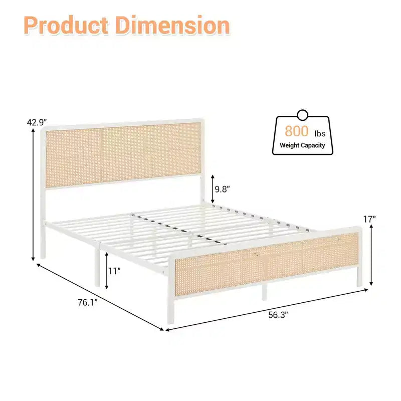Struttura letto a piattaforma in rattan con testiera a LED – Stile Boho, supporto a doghe in acciaio