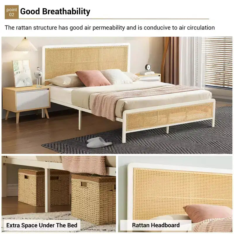 Struttura letto a piattaforma in rattan con testiera a LED – Stile Boho, supporto a doghe in acciaio