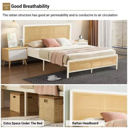 Struttura letto a piattaforma in rattan con testiera a LED – Stile Boho, supporto a doghe in acciaio