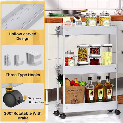 Carrello sottile a 3 ripiani con rotelle – Organizer mobile multifunzione per bagno e cucina