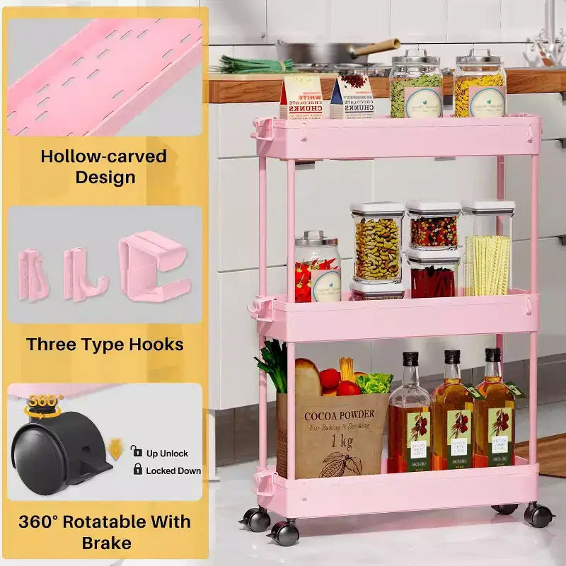 Carrello sottile a 3 ripiani con rotelle – Organizer mobile multifunzione per bagno e cucina
