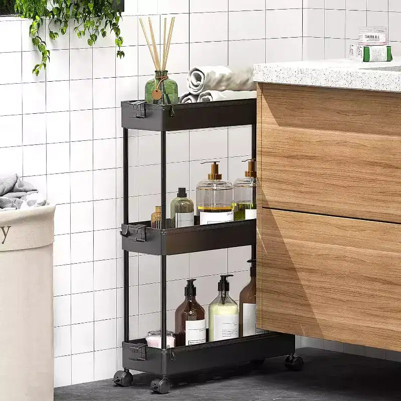 Carrello sottile a 3 ripiani con rotelle – Organizer mobile multifunzione per bagno e cucina