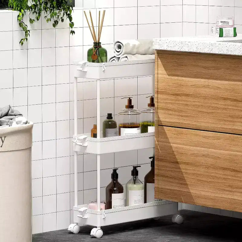 Carrello sottile a 3 ripiani con rotelle – Organizer mobile multifunzione per bagno e cucina