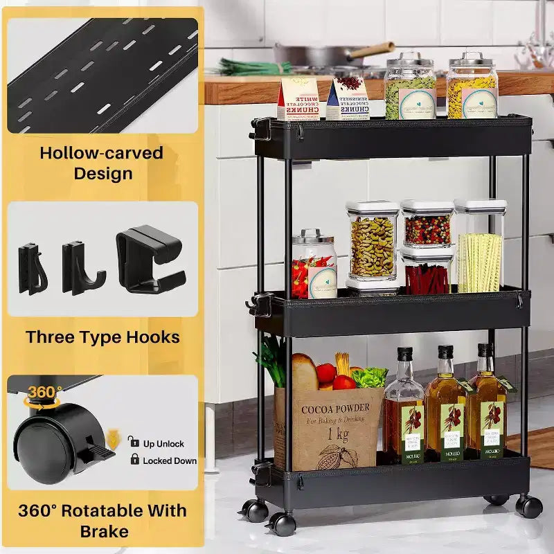 Carrello sottile a 3 ripiani con rotelle – Organizer mobile multifunzione per bagno e cucina
