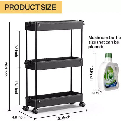 Carrello sottile a 3 ripiani con rotelle – Organizer mobile multifunzione per bagno e cucina