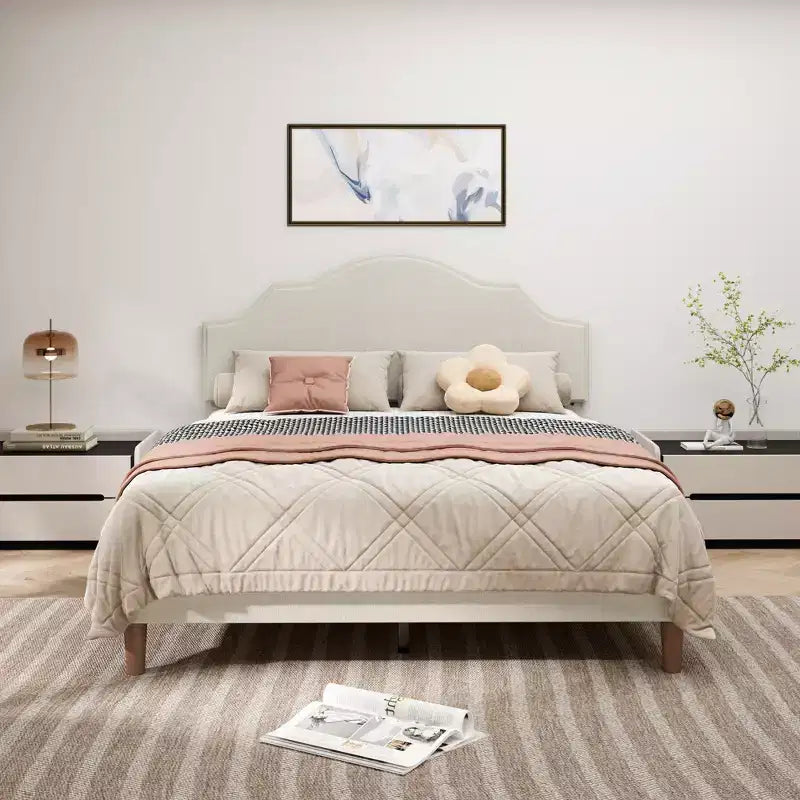 Letto imbottito a piattaforma per materassi 152 × 203 cm o 193 × 203 cm, testiera regolabile – beige – immagine 1