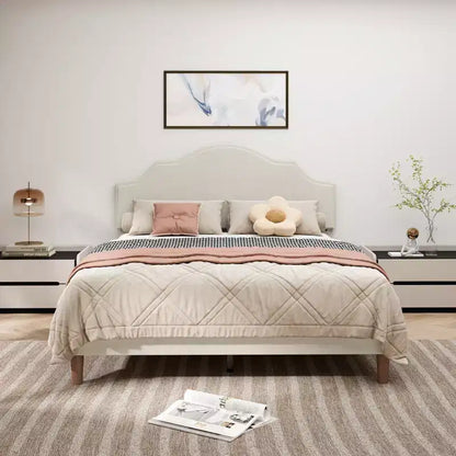 Queen/King Size Upholstered Platform Bed Frame with Adjustable Headboard, Linen Fabric Padded, No Box Spring Needed, Beige-ModernLuxe