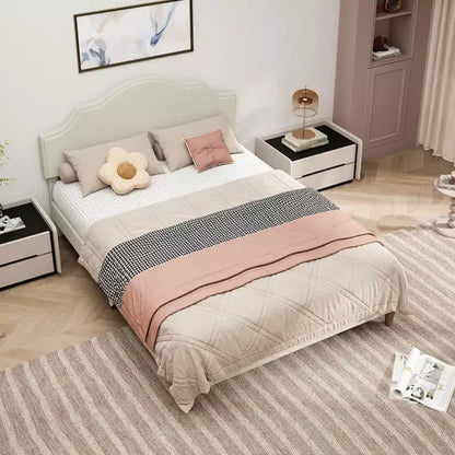 Struttura letto imbottita Queen/King con testiera regolabile – Tessuto in lino, nessuna rete a molle necessaria, Beige