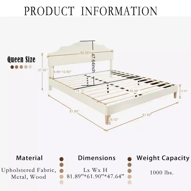 Struttura letto imbottita Queen/King con testiera regolabile – Tessuto in lino, nessuna rete a molle necessaria, Beige