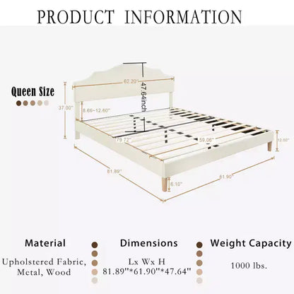 Struttura letto imbottita Queen/King con testiera regolabile – Tessuto in lino, nessuna rete a molle necessaria, Beige