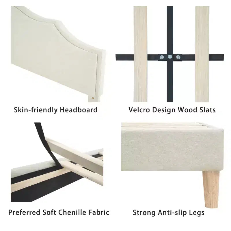 Struttura letto imbottita Queen/King con testiera regolabile – Tessuto in lino, nessuna rete a molle necessaria, Beige