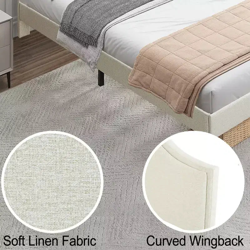 Struttura letto imbottita Queen/King con testiera regolabile – Tessuto in lino, nessuna rete a molle necessaria, Beige