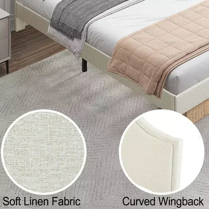 Struttura letto imbottita Queen/King con testiera regolabile – Tessuto in lino, nessuna rete a molle necessaria, Beige