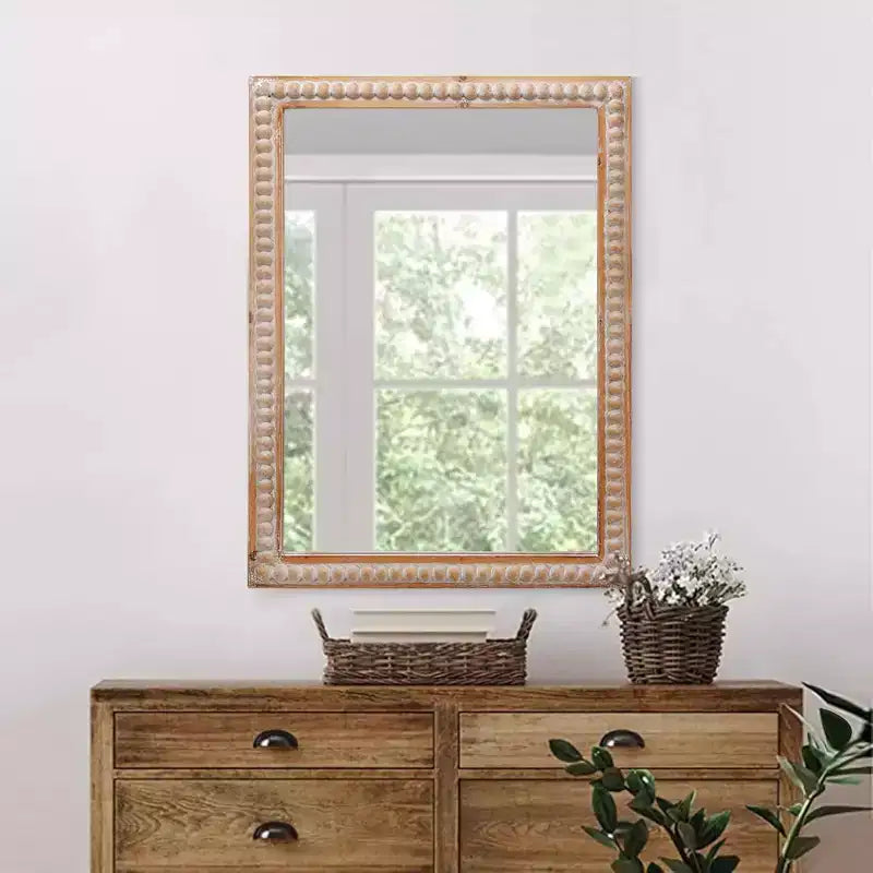 Specchio da parete rettangolare con cornice in legno da 30 pollici e perline – Bagno e soggiorno