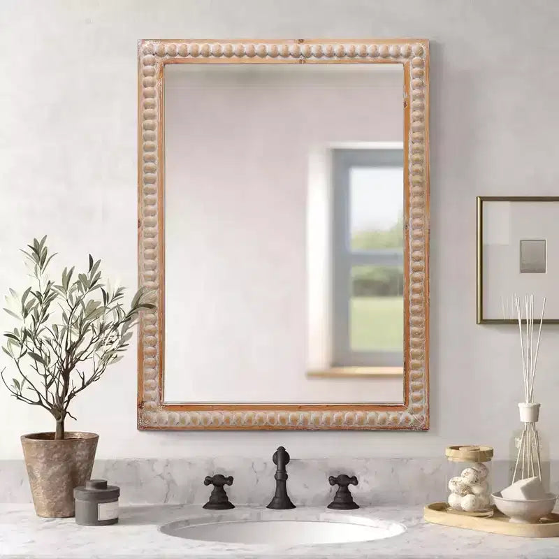 Specchio da parete rettangolare con cornice in legno da 30 pollici e perline – Bagno e soggiorno