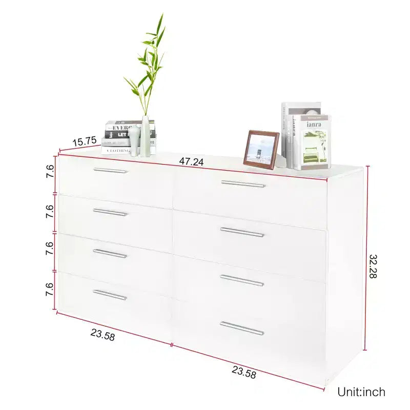 Cassettiera a 8 cassetti in truciolato bianco – 120 cm di larghezza