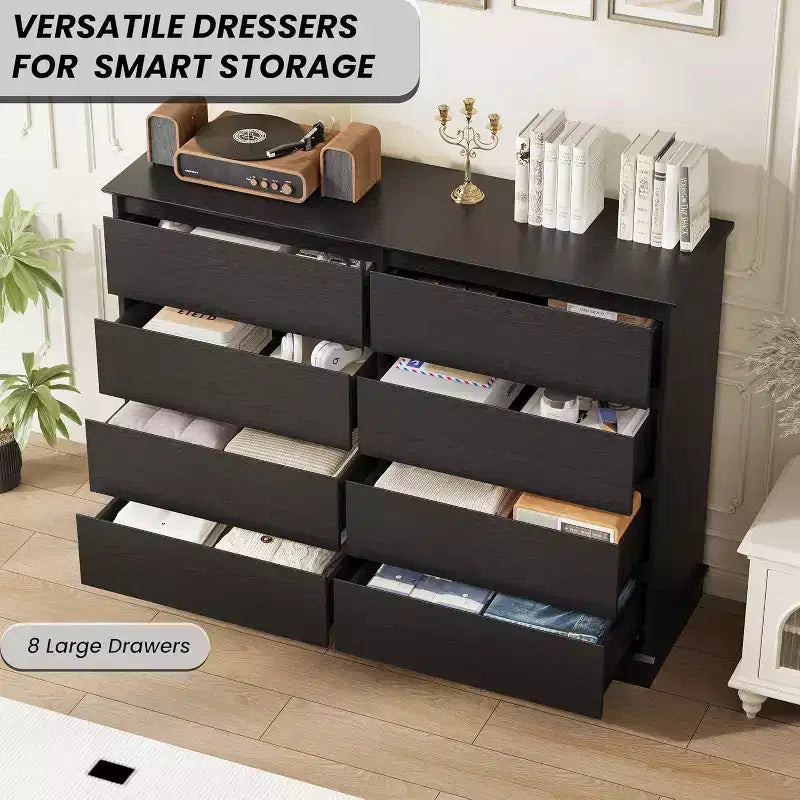 Cassettiera orizzontale in legno a 8 cassetti profondi per camera da letto, soggiorno e corridoio