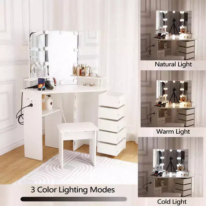 Scrivania da trucco con luci e presa di corrente – Tavolo ad angolo con 5 cassetti girevoli e 3 modalità di illuminazione
