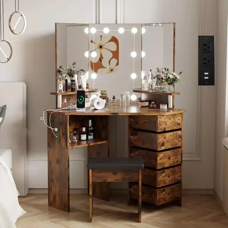Scrivania da trucco con luci e presa di corrente – Tavolo ad angolo con 5 cassetti girevoli e 3 modalità di illuminazione