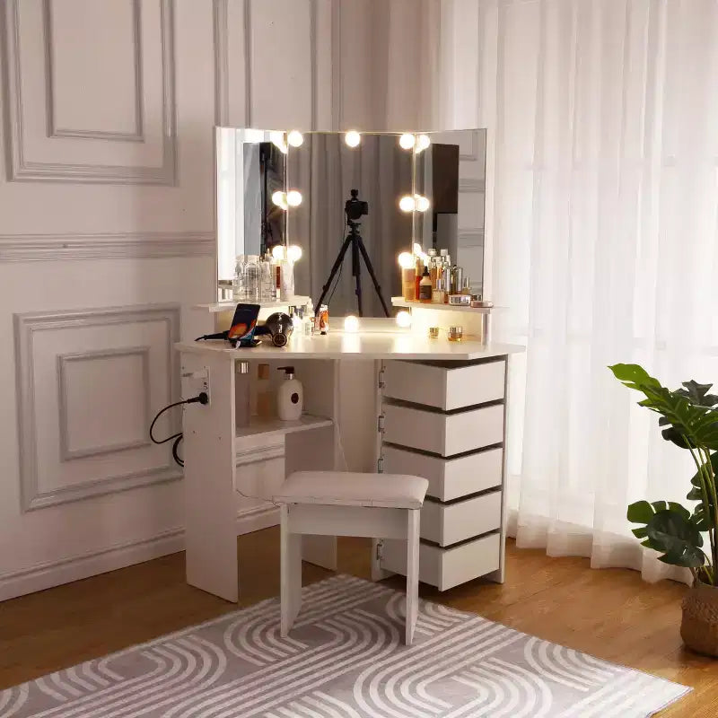 Scrivania da trucco con luci e presa di corrente – Tavolo ad angolo con 5 cassetti girevoli e 3 modalità di illuminazione