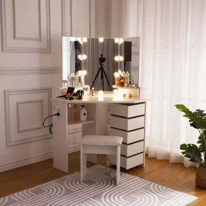 Scrivania da trucco con luci e presa di corrente – Tavolo ad angolo con 5 cassetti girevoli e 3 modalità di illuminazione