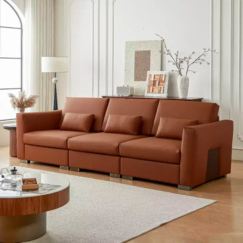 ATJafurn Mid Century Modern Sectional Leather Couch, Orange Genuine Leather Sofa with Metal Legs 2 Pillows Deep Seat for Living Room