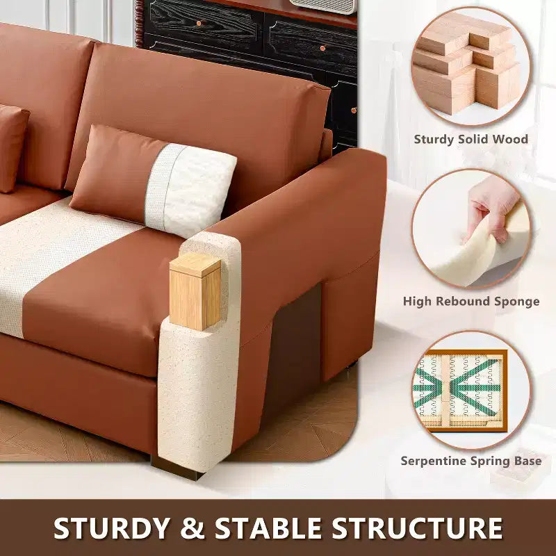 Divano componibile in pelle Mid-Century Modern – Vera pelle arancione, gambe in metallo, 2 cuscini, seduta profonda