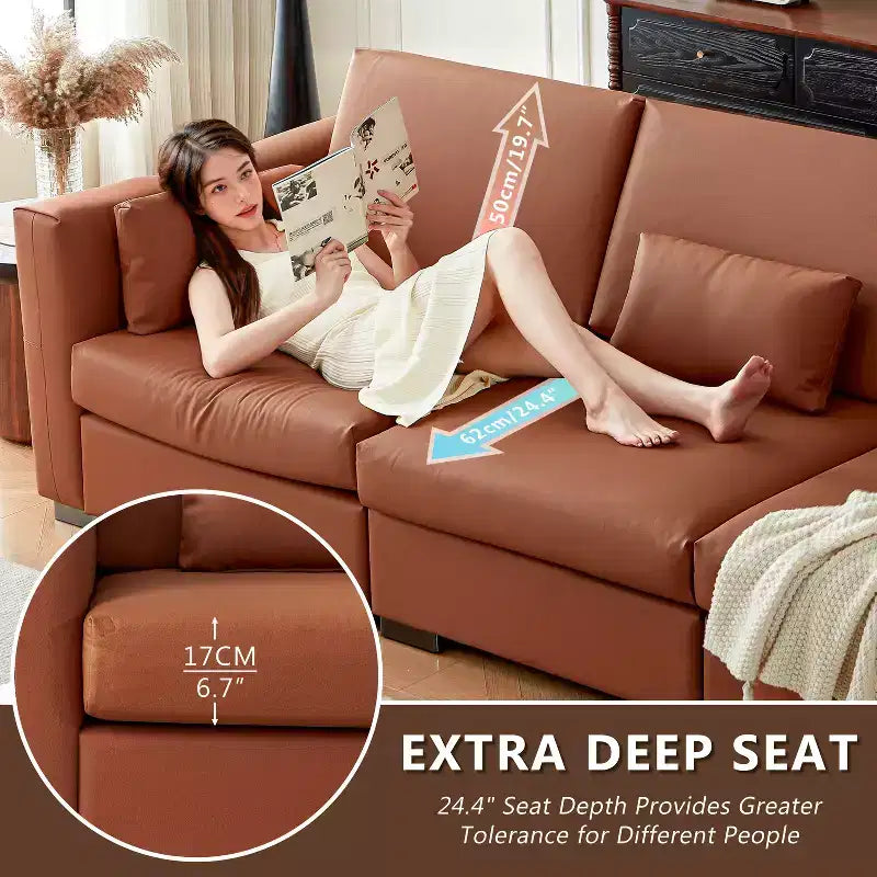 Divano componibile in pelle Mid-Century Modern – Vera pelle arancione, gambe in metallo, 2 cuscini, seduta profonda