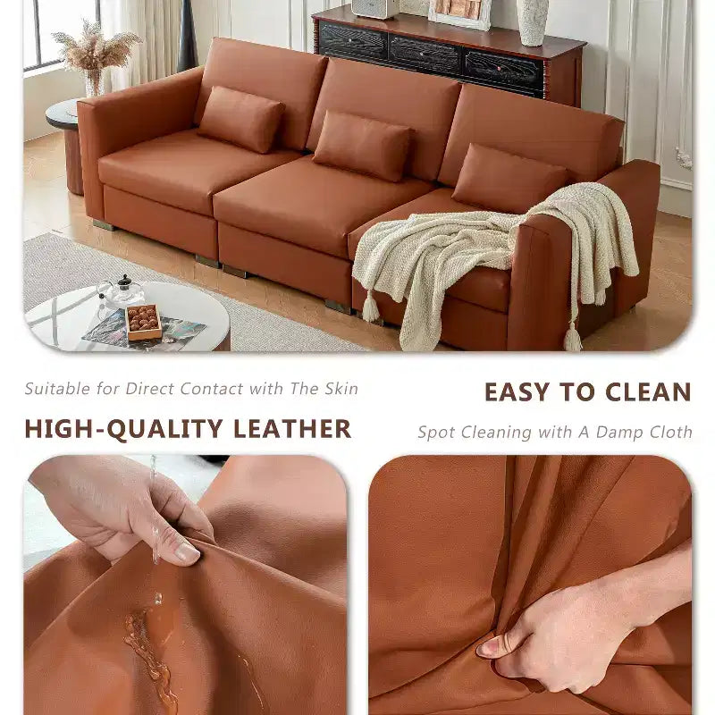 Divano componibile in pelle Mid-Century Modern – Vera pelle arancione, gambe in metallo, 2 cuscini, seduta profonda