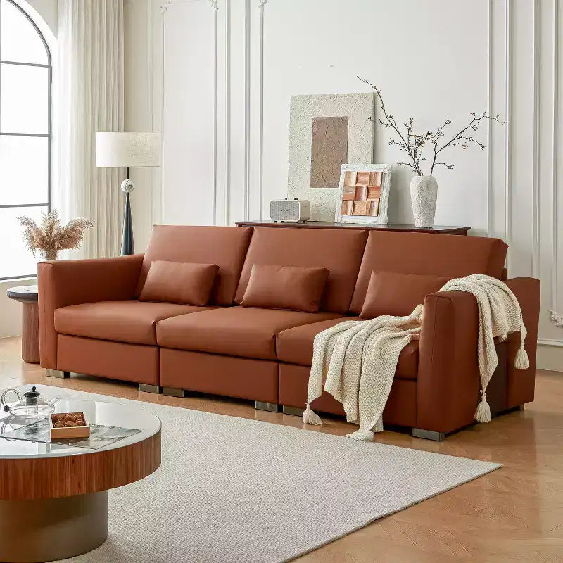 Divano componibile in pelle Mid-Century Modern – Vera pelle arancione, gambe in metallo, 2 cuscini, seduta profonda