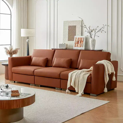 Divano componibile in pelle Mid-Century Modern – Vera pelle arancione, gambe in metallo, 2 cuscini, seduta profonda