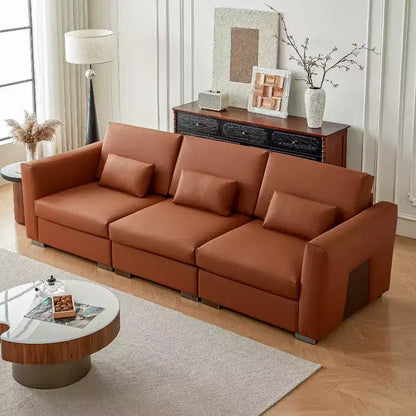Divano componibile in pelle Mid-Century Modern – Vera pelle arancione, gambe in metallo, 2 cuscini, seduta profonda