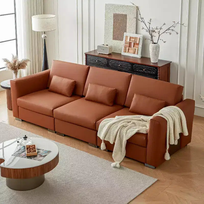 Divano componibile in pelle Mid-Century Modern – Vera pelle arancione, gambe in metallo, 2 cuscini, seduta profonda