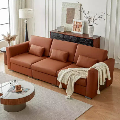 Divano componibile in pelle Mid-Century Modern – Vera pelle arancione, gambe in metallo, 2 cuscini, seduta profonda
