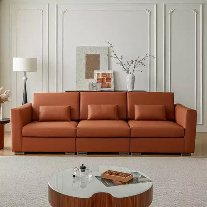 Divano componibile in pelle Mid-Century Modern – Vera pelle arancione, gambe in metallo, 2 cuscini, seduta profonda