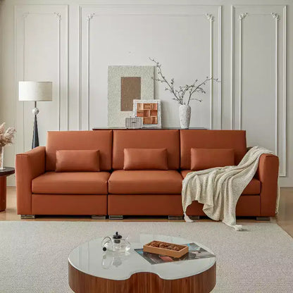 Divano componibile in pelle Mid-Century Modern – Vera pelle arancione, gambe in metallo, 2 cuscini, seduta profonda