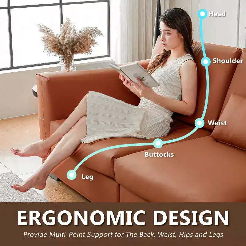 Divano componibile in pelle Mid-Century Modern – Vera pelle arancione, gambe in metallo, 2 cuscini, seduta profonda